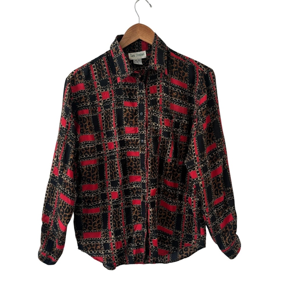 Vtg Sara Stephen Silk Shirt‎ Womens S Chain Leopard Equestrian Old Money